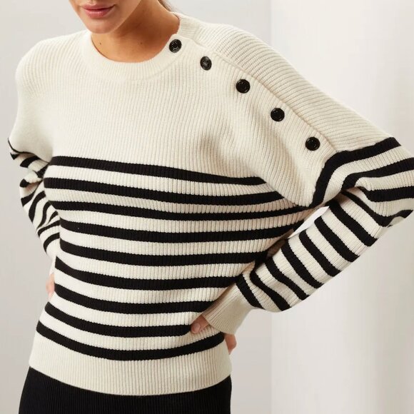 New Maje Marino Breton Stripe Button Shoulder Sweater White Black M​ $295 - Picture 2 of 9